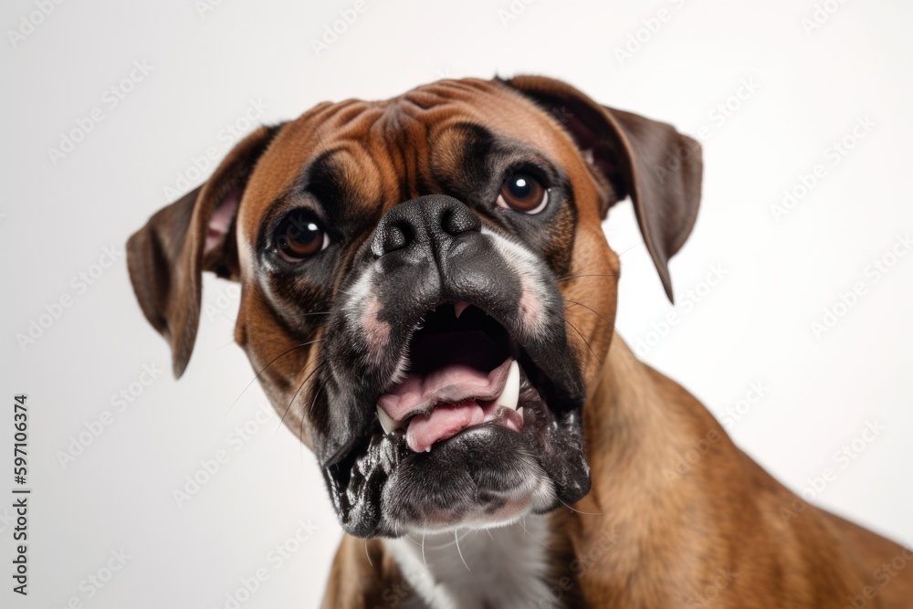 Lifestyle portrait photography of an aggressive boxer dog playing with a laser pointer against a white background. With generative AI technology