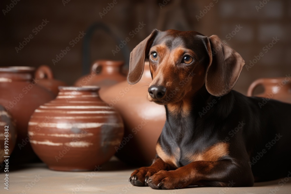Lifestyle portrait photography of a curious dachshund being at a pottery studio against a white background. With generative AI technology