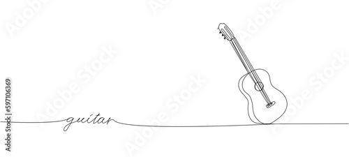 Guitar one line art. Continuous line drawing of musical, equipment, song, guitar, electric, melody, rock, volume, chord, bass, acoustic with an inscription, lettering, handwritten.