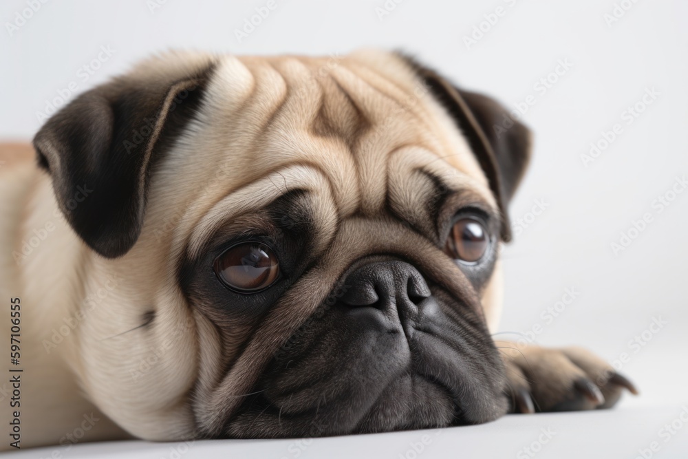 Lifestyle portrait photography of a curious pug sleeping against a white background. With generative AI technology Lifestyle portrait photography of a curious pug sleeping against a white background. With generative AI technology