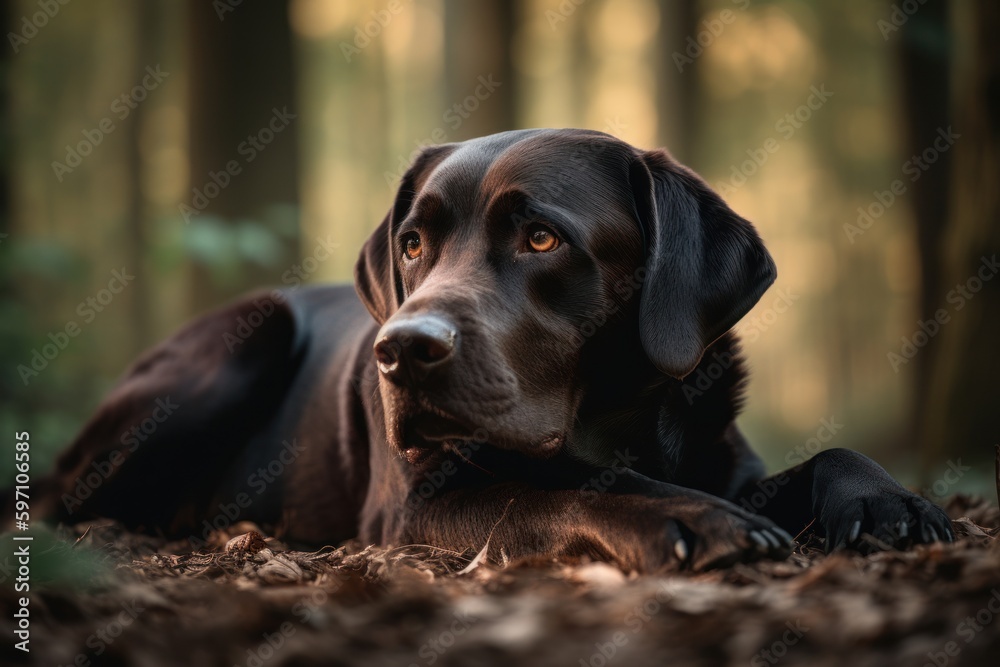 Lifestyle portrait photography of a curious labrador retriever lying down against a forest background. With generative AI technology