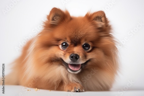 Medium shot portrait photography of an aggressive pomeranian eating against a white background. With generative AI technology