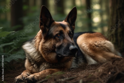 Full-length portrait photography of an aggressive german shepherd sleeping against a forest background. With generative AI technology