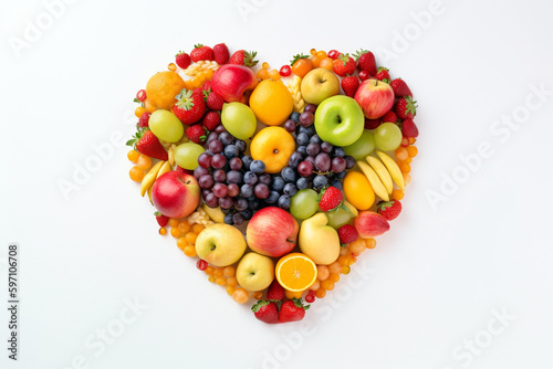 Heart shape made of different fruits and berries isolated on white background. Heart symbol. Fruit diet and healthy organic food concept. AI generated image