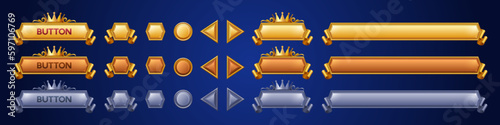 Royal game buttons animation set. Vector cartoon illustration of golden, silver gui frames decorated with crown and ribbons. Play, start, login, settings long and short bars, click action sprite sheet