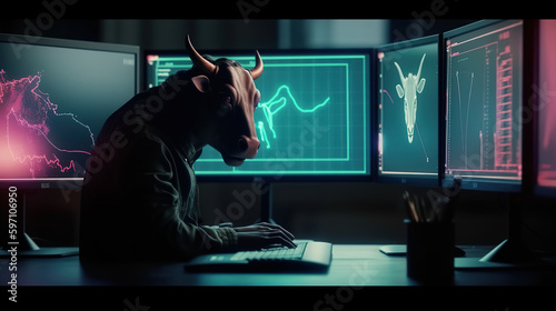 Bull trading with a computer with a graph on screen - Generative AI  © Faraz