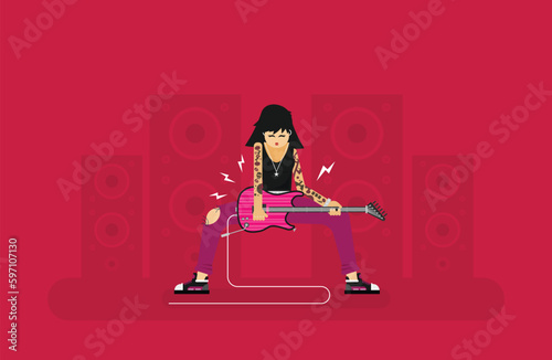 Flat vector brutal cartoon rocker girl
