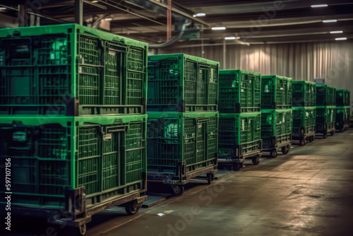 Warehouse with pallets and green storage boxes, generative ai