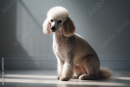 Medium shot portrait photography of a curious poodle scratching the body against a minimalist or empty room background. With generative AI technology