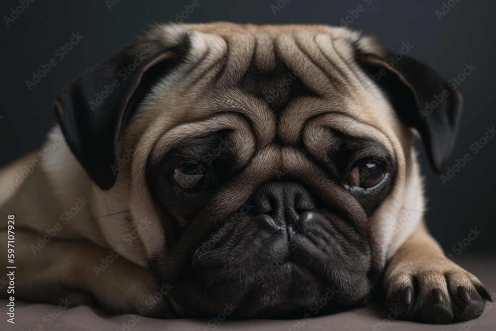 Environmental portrait photography of a happy pug sleeping against a minimalist or empty room background. With generative AI technology