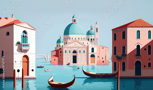 Venice, Tourist postcard of landscape topics, simple flat design in pastel tones. AI generated.