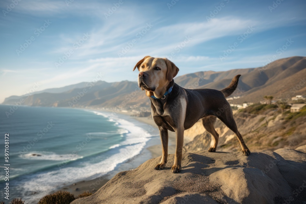 Environmental portrait photography of an aggressive labrador retriever being on a mountain peak against a beach background. With generative AI technology