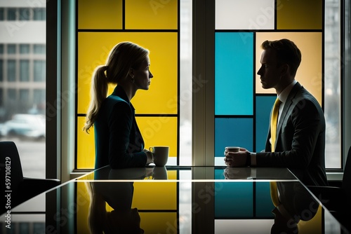 Discreet business meeting between a man and a woman. Ai generated.