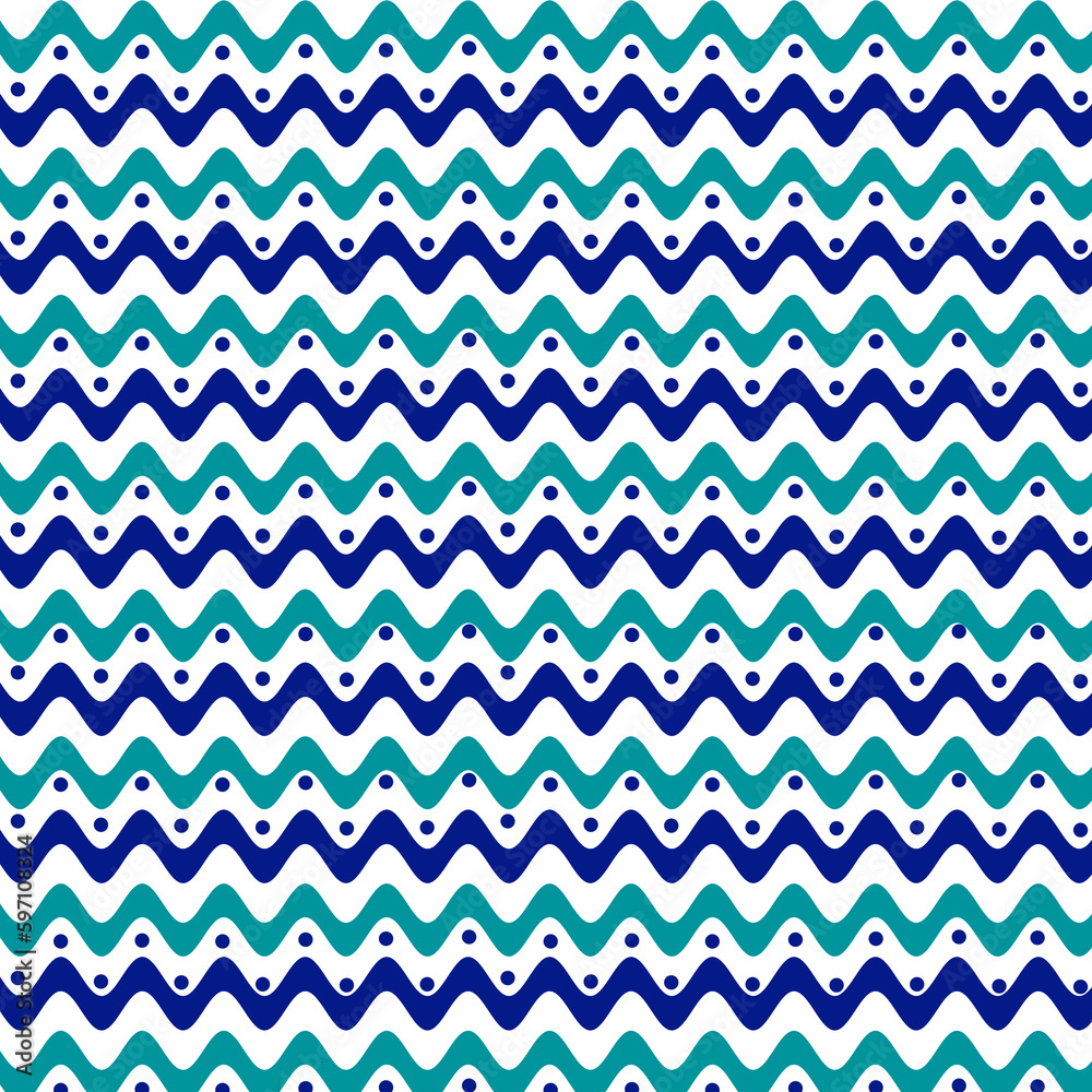 Cute wavy texture with dots. Wavy pattern background illustration. Blue and turquoise waves and dots on white background. Summer pattern. Scrapbooking paper. Wallpaper design 