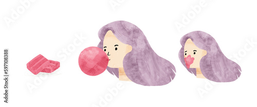 A girl blowing a pink bubble gum illustration.