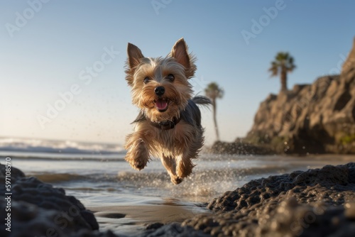Full-length portrait photography of a bored yorkshire terrier jumping against a beach background. With generative AI technology © Markus Schröder
