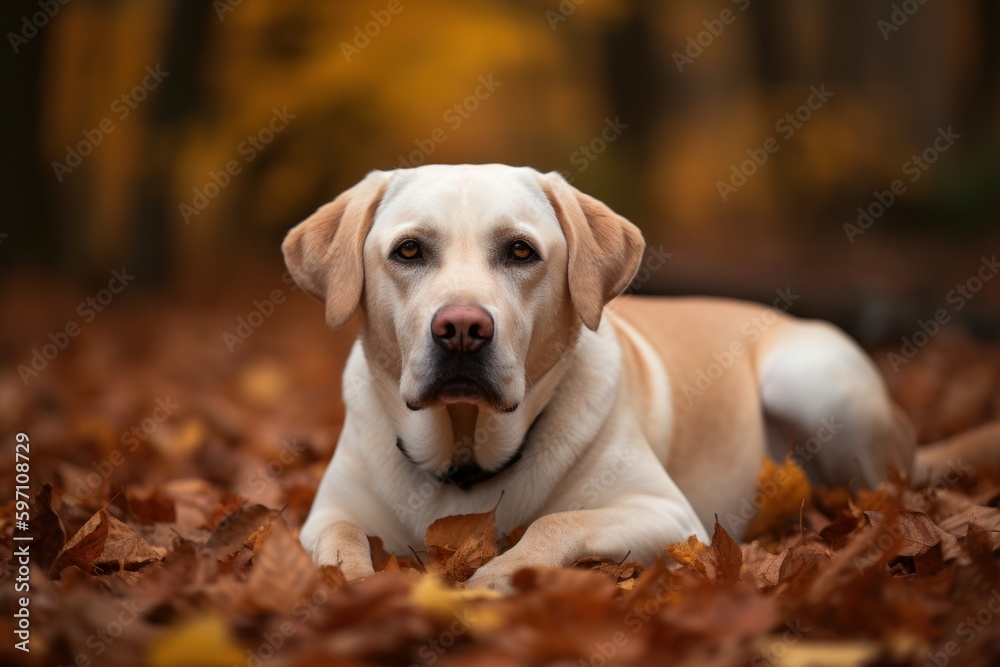 Full-length portrait photography of a curious labrador retriever lying down against an autumn foliage background. With generative AI technology Full-length portrait photography of a curious labrador retriever lying down against an autumn foliage background. With generative AI technology