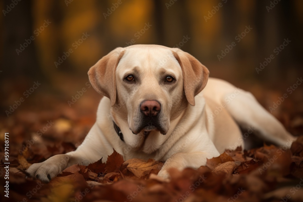Full-length portrait photography of a curious labrador retriever lying down against an autumn foliage background. With generative AI technology Full-length portrait photography of a curious labrador retriever lying down against an autumn foliage background. With generative AI technology