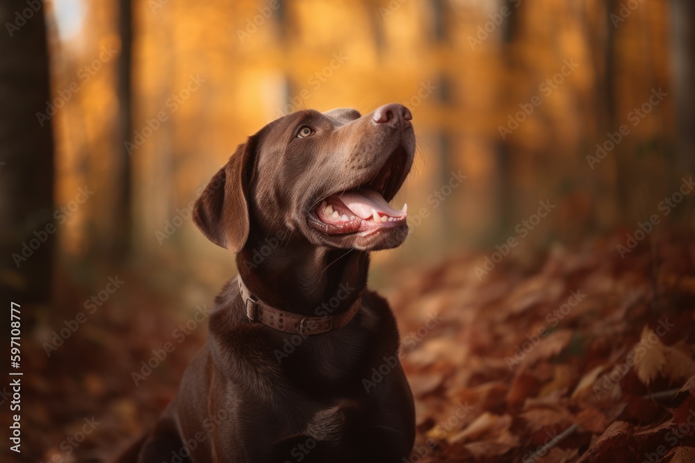 Lifestyle portrait photography of a curious labrador retriever yawning against an autumn foliage background. With generative AI technology