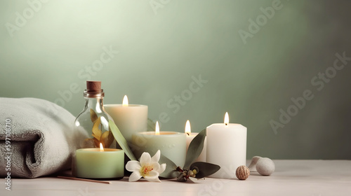 Spa treatment set, candles, towels and massage stones. Side view, space for text. Generative AI.