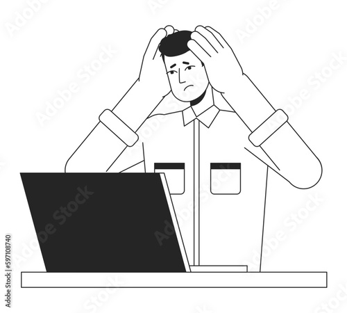 Man holding head with hands and looking in laptop flat line black white vector character. Editable isolated outline person. Simple cartoon style spot illustration for web graphic design, animation