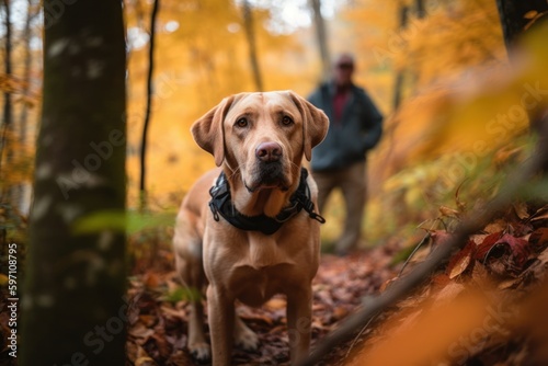 Lifestyle portrait photography of a curious labrador retriever hiking with the owner against an autumn foliage background. With generative AI technology