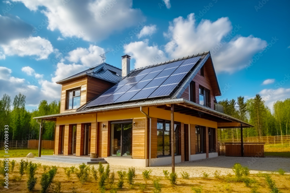 House with solar panel on the roof and covered patio area. Generative AI