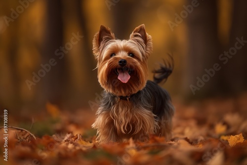 Full-length portrait photography of a happy yorkshire terrier chewing things against an autumn foliage background. With generative AI technology © Markus Schröder
