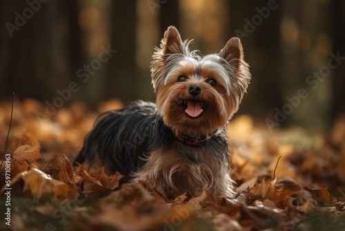 Full-length portrait photography of a happy yorkshire terrier chewing things against an autumn foliage background. With generative AI technology © Markus Schröder