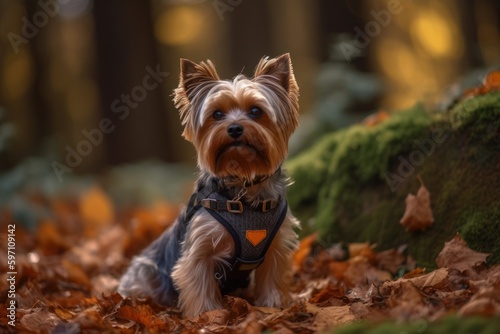 Medium shot portrait photography of a curious yorkshire terrier wearing a harness against an autumn foliage background. With generative AI technology © Markus Schröder