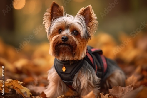 Medium shot portrait photography of a curious yorkshire terrier wearing a harness against an autumn foliage background. With generative AI technology © Markus Schröder