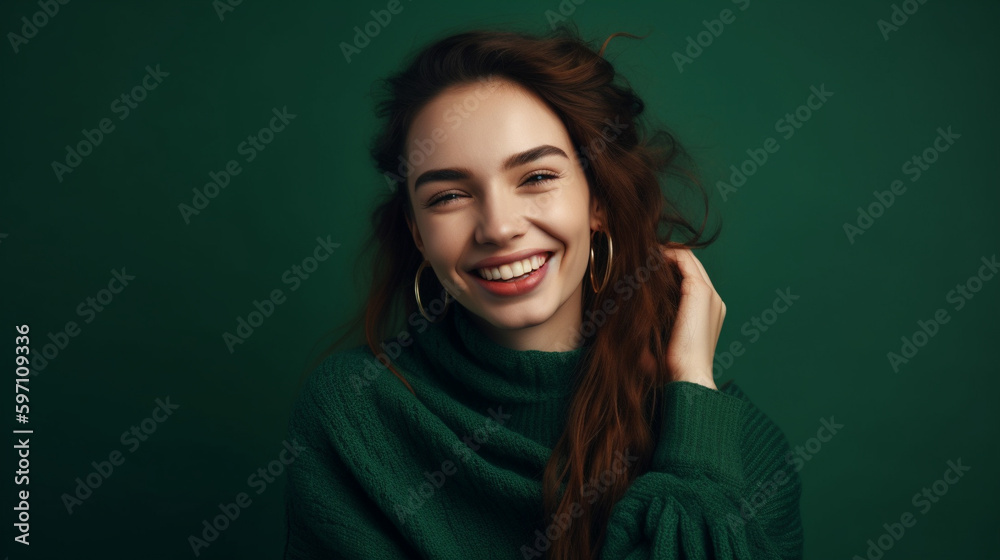Obraz premium Happy young beautiful woman in green sweater on green background. Generative AI image