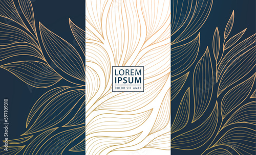 Set of vector design elements labels, frames, wedding invitations, social net stories, packaging, luxury products, perfume, soap, wine. Line golden backgrounds, floral patterns with leaves