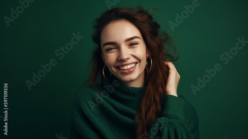 Happy young beautiful woman in green sweater on green background. Generative AI image