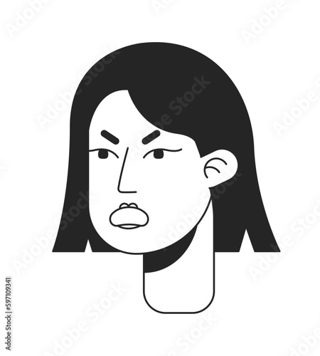Angry short haired woman frowning eyebrows, screaming flat line monochromatic vector character head. Editable outline avatar icon. 2D cartoon line spot illustration for web graphic design, animation