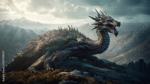 Mythical Dragon, Mountaintop, Roaring, Vast Leathery Wings, Fantasy Studio Portrait, 8K Resolution. Generative AI