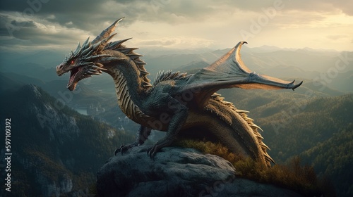 Mythical Dragon  Mountaintop  Roaring  Vast Leathery Wings  Fantasy Studio Portrait  8K Resolution. Generative AI