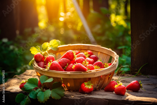 Basket full of strawberries sitting on table in the sun light. Generative AI