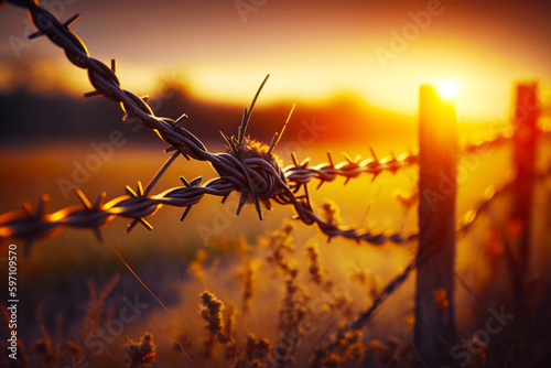 Close up of barbed wire fence with the sun setting in the background. Generative AI