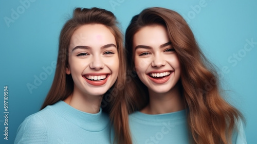 Two happy young beautiful woman in blue sweater on blue background. Generative AI image