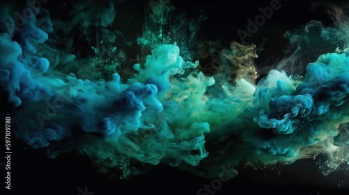 Paint drop. Ink water. Explosion smoke. Colorize color fluid splash vapor cloud on glitter dust texture Green abstract art background.AI-generated