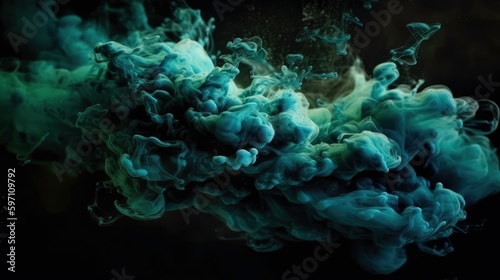 Paint drop. Ink water. Explosion smoke. Colorize color fluid splash vapor cloud on glitter dust texture Green abstract art background.AI-generated