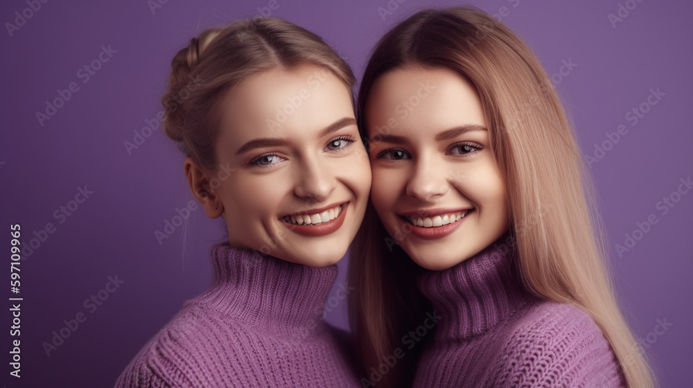 Two happy young beautiful woman in purple sweater on purple background. Generative AI image Two happy young beautiful woman in purple sweater on purple background. Generative AI image