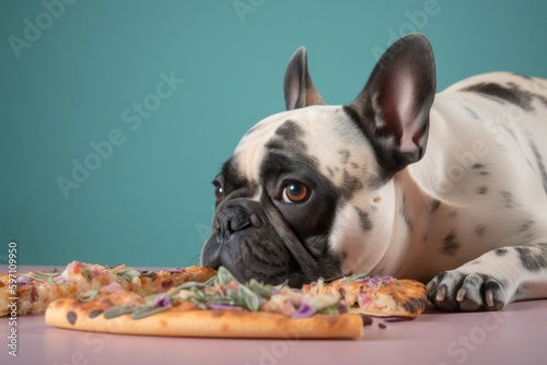 Environmental portrait photography of a tired french bulldog having a pizza against a pastel or soft colors background. With generative AI technology © Markus Schröder