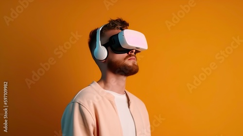 man with VR glasses virtual and enjoying , Young man watching in vr headset , People lifestyle.Generated by AI © DigitalMuseCreations