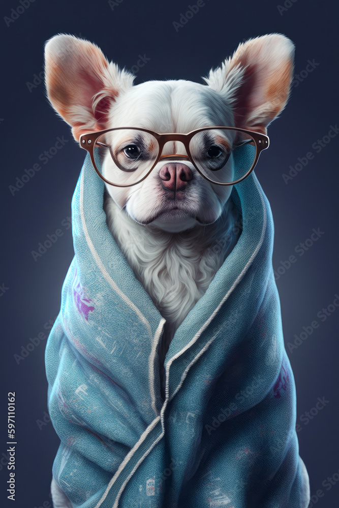 Small dog wearing glasses and blue towel wrapped in blue towel. Generative AI