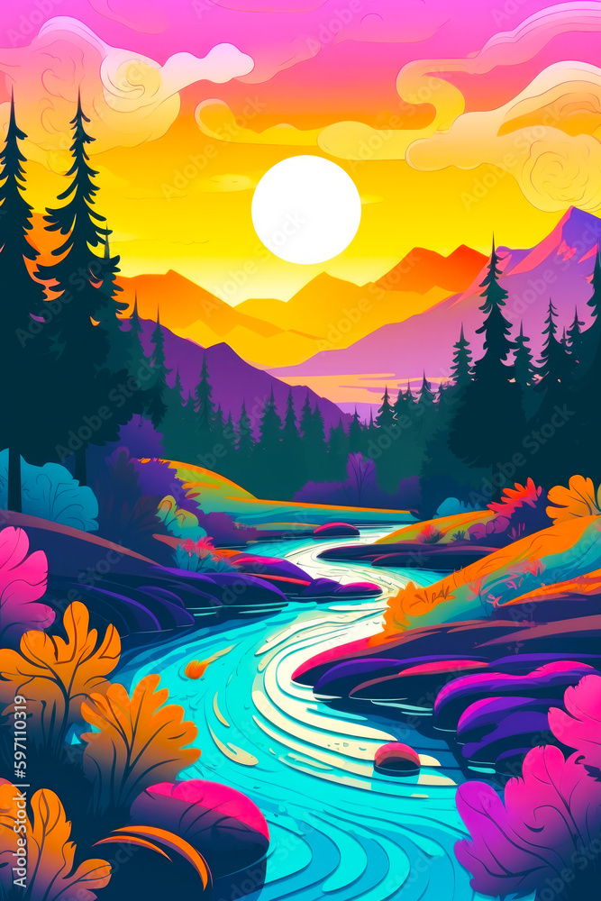 Image of stream in forest with mountains in the background at sunset. Generative AI