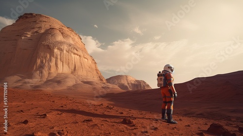 A lone astronaut in a bulky spacesuit stands in front of a towering Martian mountain, surrounded by a barren, rocky desert landscape with a red sky overhead, person in the desert, Generative AI