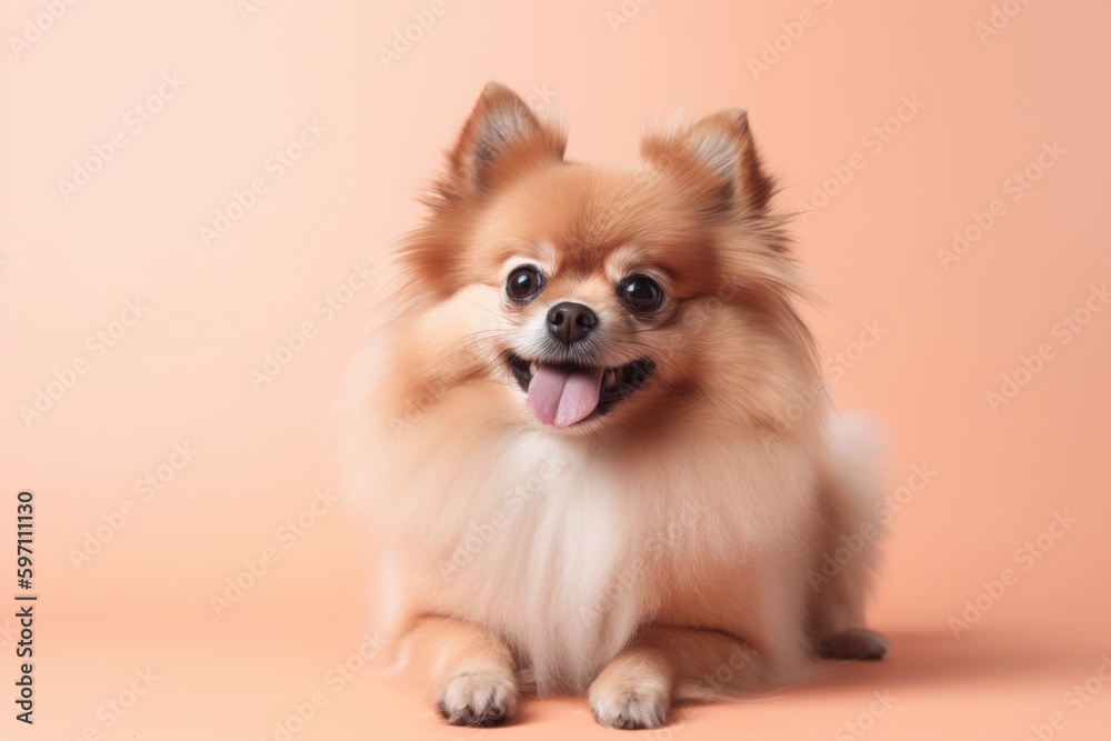 Obraz premium Lifestyle portrait photography of a bored pomeranian holding a dog treat in its mouth against a pastel or soft colors background. With generative AI technology