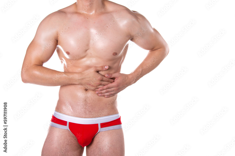 Health problems. Man and pain. White background.	